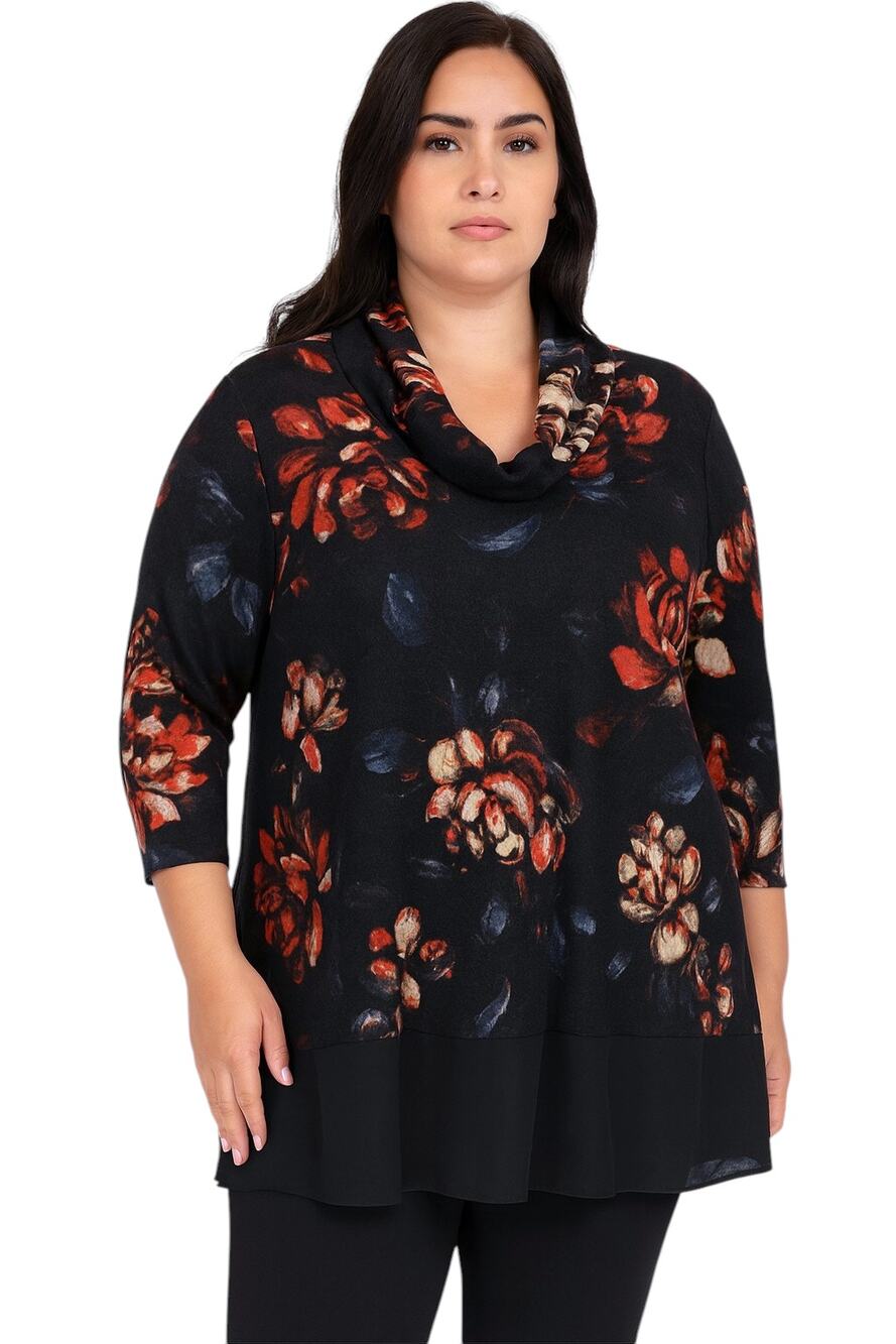 Roz & Ali Top 3/4 Sleeve Floral Cowl Neck Classic Workwear Versatile Black 1X